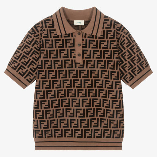 Fendi-Teen Boys Brown Logo Knitted Polo Shirt | Childrensalon