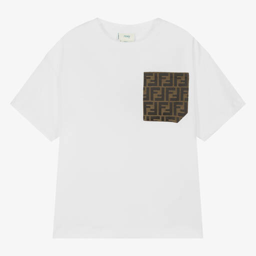 Fendi-Teen Boys White Cotton FF Pocket T-Shirt | Childrensalon