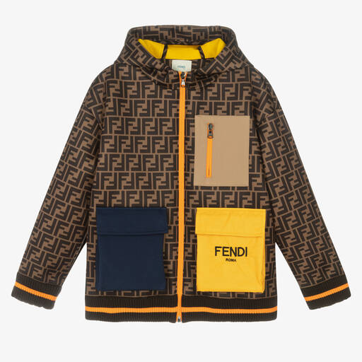 Fendi-Коричневая куртка с цветовыми блоками и принтом FF | Childrensalon