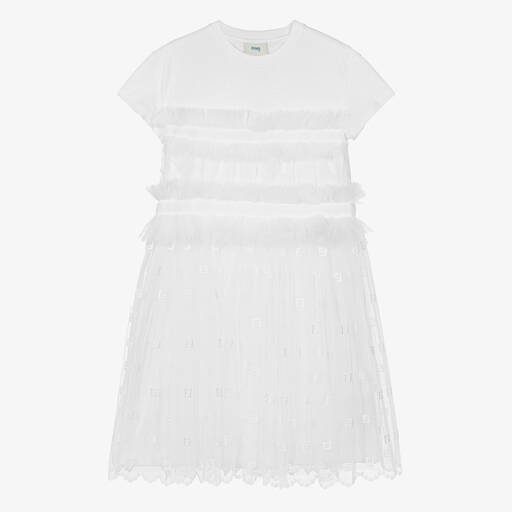 Fendi-Teen Girls White Cotton Tulle Logo Dress | Childrensalon
