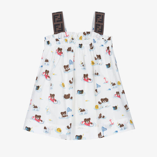 Fendi-White Cotton Teddy Bear Baby Dress | Childrensalon