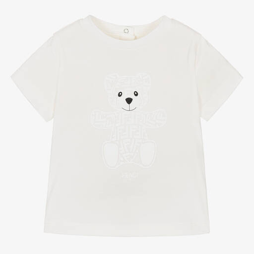 Fendi-White FF Bear Cotton Baby T-Shirt | Childrensalon