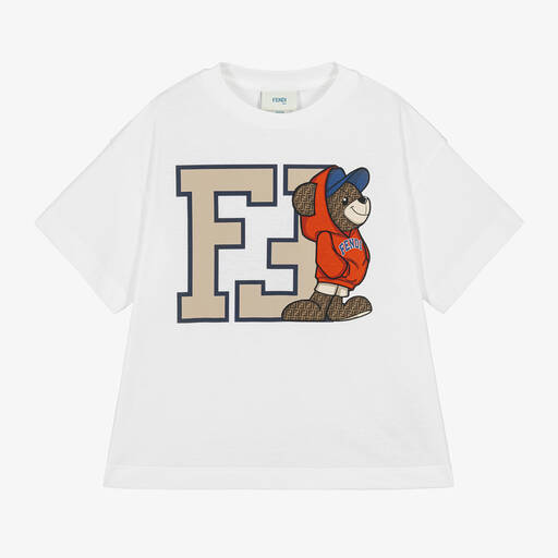 Fendi-Белая хлопковая футболка FF с мишкой Teddy | Childrensalon