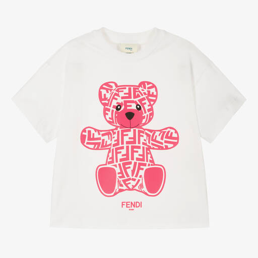 Fendi-White & Pink FF Teddy Bear T-Shirt | Childrensalon