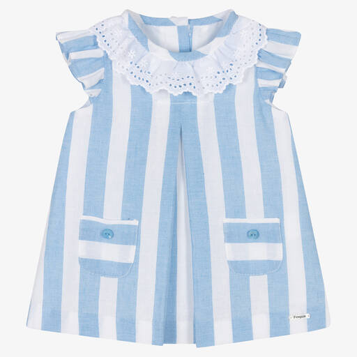 Foque-Baby Girls White & Blue Striped Cotton Dress | Childrensalon