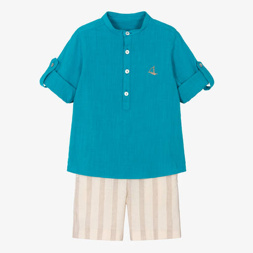 Foque-Boys Blue Shirt & Beige Shorts Set | Childrensalon