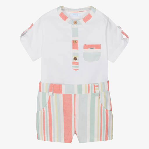 Foque-Boys White Stripe Cotton Shorts Set | Childrensalon