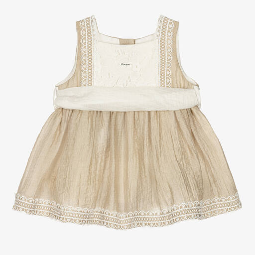 Foque-Girls Beige Cotton Lace Dress | Childrensalon