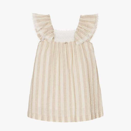 Foque-Girls Beige Striped Cotton Dress | Childrensalon