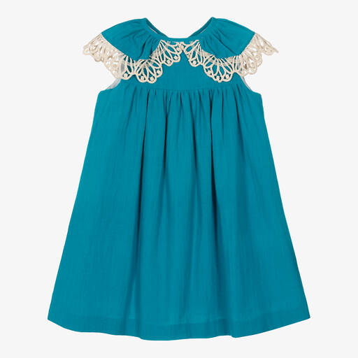 Foque-Girls Blue Cotton Lace Frill Dress | Childrensalon