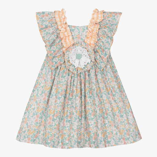Foque-Girls Green Floral Cotton & Linen Dress | Childrensalon