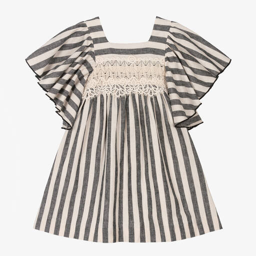 Foque-Girls Ivory & Black Striped Linen Dress | Childrensalon
