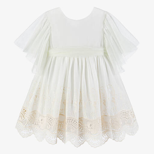 Foque-Girls Ivory Embroidered Cotton Dress | Childrensalon