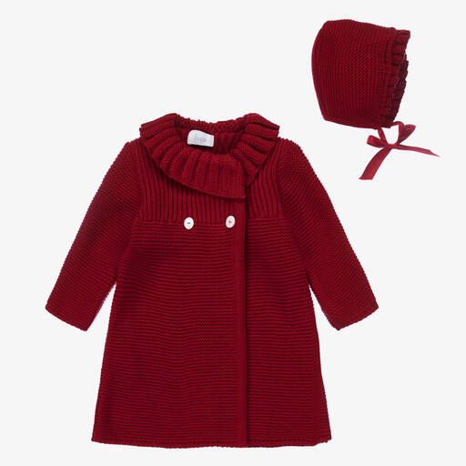 Foque-Girls Red Knitted Coat & Hat Set | Childrensalon