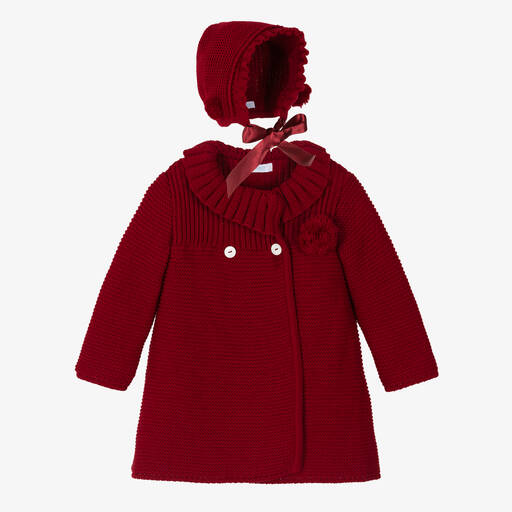 Foque-Girls Red Knitted Pram Coat & Bonnet Set | Childrensalon