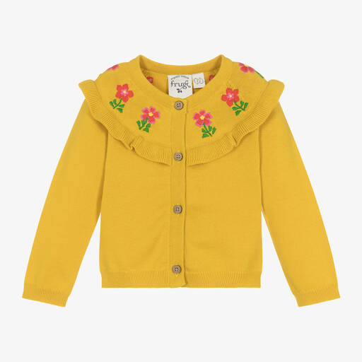 Frugi-Baby Girls Yellow Cotton Flower Cardigan | Childrensalon