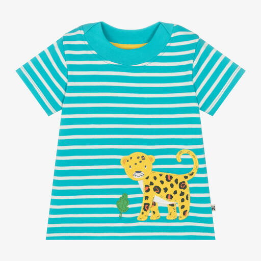 Frugi-Boys Blue Striped Cotton Leopard T-Shirt | Childrensalon