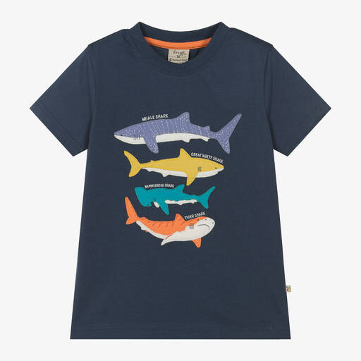 Frugi-Boys Navy Blue Cotton Shark T-Shirt | Childrensalon