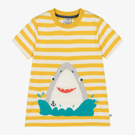 Frugi-Boys Yellow Striped Cotton Shark T-Shirt | Childrensalon