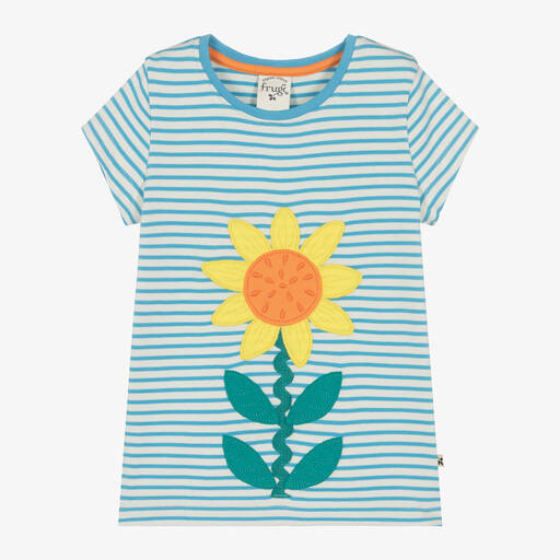 Frugi-Girls Blue Striped Cotton Flower T-Shirt | Childrensalon
