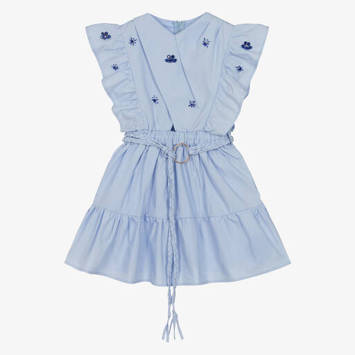 Fun & Fun-Girls Blue Jewelled Poplin Dress | Childrensalon