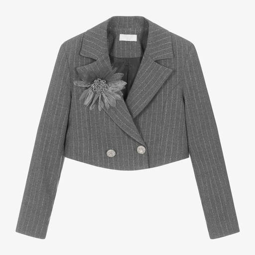 Fun & Fun-Girls Grey Pinstripe Cropped Blazer | Childrensalon