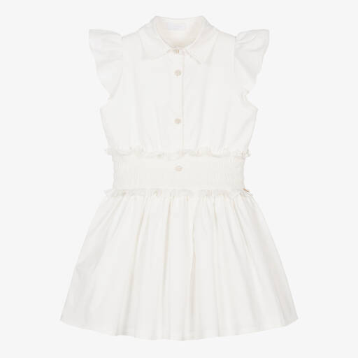 Fun & Fun-Girls White Cotton Ruched Waist Dress | Childrensalon