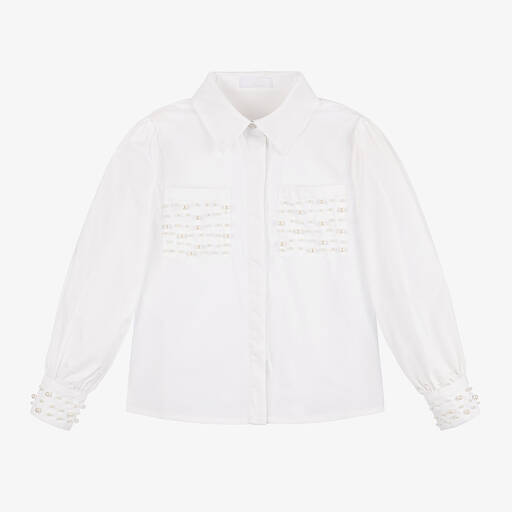 Fun & Fun-Girls White Embellished Cotton Shirt | Childrensalon