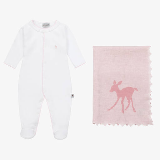 G.H.Hurt & Son-Baby Girls White Cotton & Pink Wool Gift Set | Childrensalon