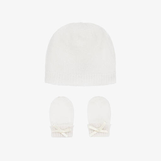 G.H.Hurt & Son-White Cashmere Baby Hat & Mittens Set | Childrensalon