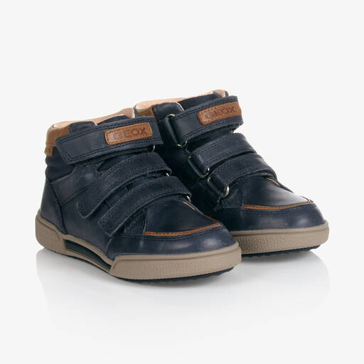 Geox-Blue Leather High Top Trainers | Childrensalon