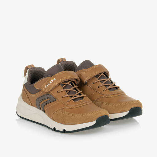 Geox-Boys Brown Faux Leather & Mesh Trainers | Childrensalon