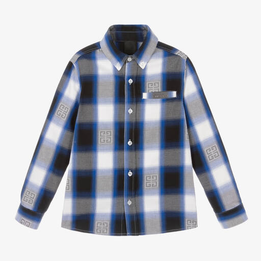 Givenchy-Boys Blue Checked Cotton 4G Shirt | Childrensalon