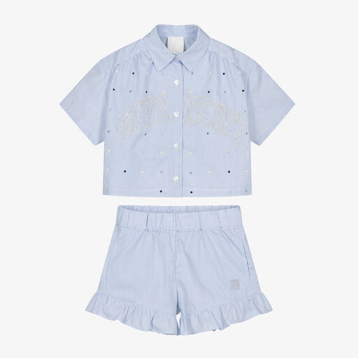 Givenchy-Girls Blue Swarovski Crystal Cotton Shorts Set | Childrensalon