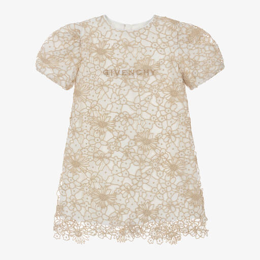 Givenchy-Girls Gold Floral Guipure Lace Dress | Childrensalon