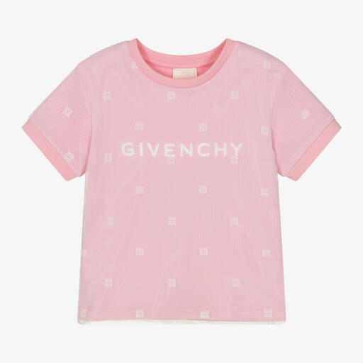 Givenchy-Girls Pink Cotton & 4G Mesh T-Shirt | Childrensalon