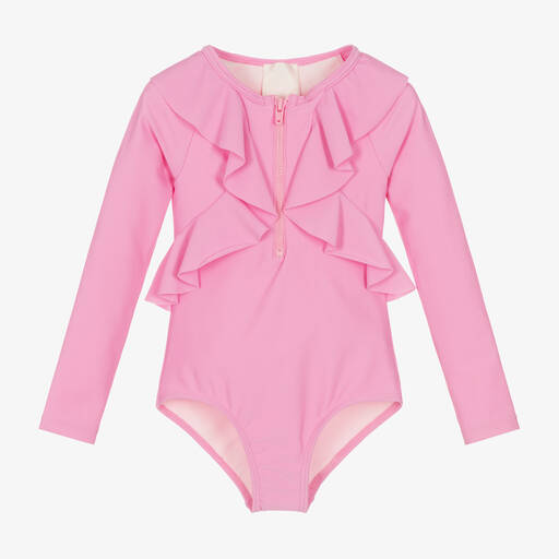Givenchy-Girls Pink Ruffle Logo Swimsuit | Childrensalon