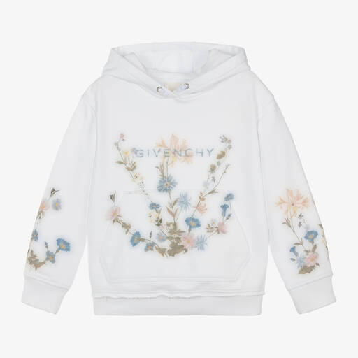 Givenchy-Girls White Flower Print Cotton Hoodie | Childrensalon