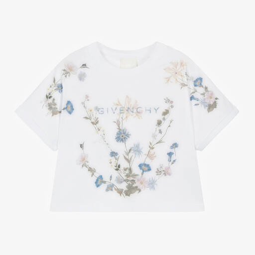 Givenchy-Girls White Flower Print Cotton T-Shirt | Childrensalon