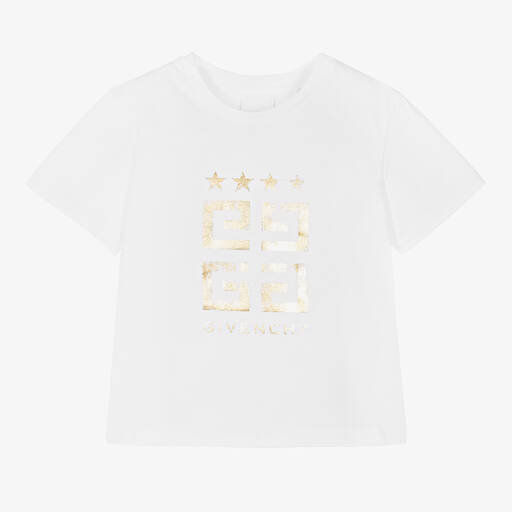 Givenchy-T-shirt blanc et doré en coton 4G fille | Childrensalon