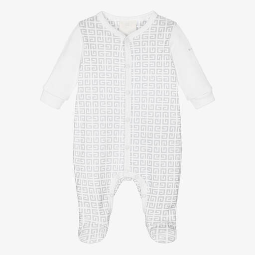 Givenchy-Grey & White 4G Logo Babygrow | Childrensalon