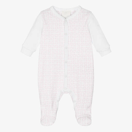 Givenchy-Pink & White 4G Logo Babygrow | Childrensalon