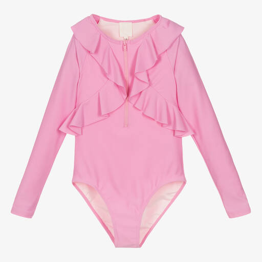 Givenchy-Teen Girls Pink Ruffle Logo Swimsuit | Childrensalon