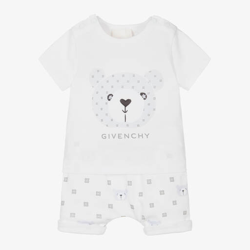 Givenchy-White Cotton Teddy Bear Baby Shorts Set | Childrensalon