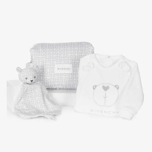 Givenchy-White & Grey Velour 4G Babysuit Gift Set | Childrensalon