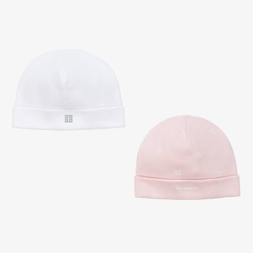 Givenchy-White & Pink Cotton Baby Hats (2 Pack) | Childrensalon