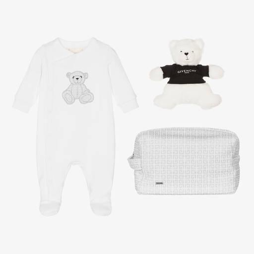 Givenchy-White Teddy Bear & Babysuit Gift Set | Childrensalon