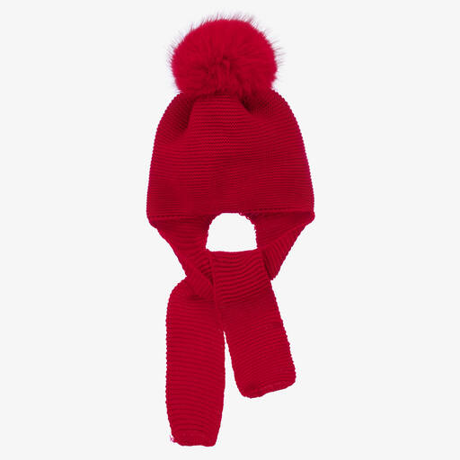 Gorros Navarro-Red Knitted Pom-Pom Baby Hat & Scarf | Childrensalon