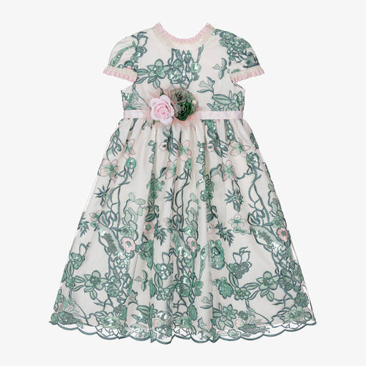 Graci-Girls Pink & Green Tulle Floral Dress | Childrensalon