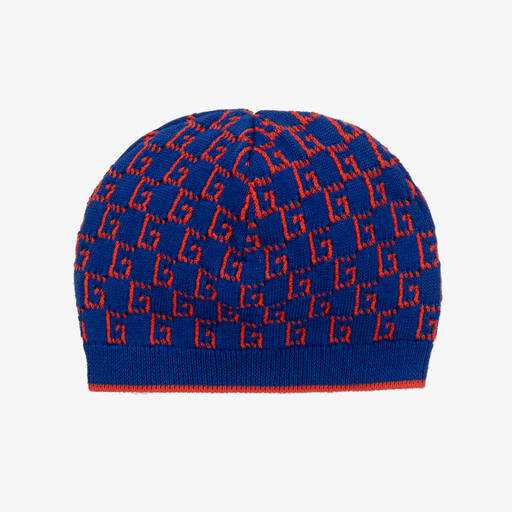 Gucci-Baby Boys Blue Square G Knitted Cotton Hat | Childrensalon
